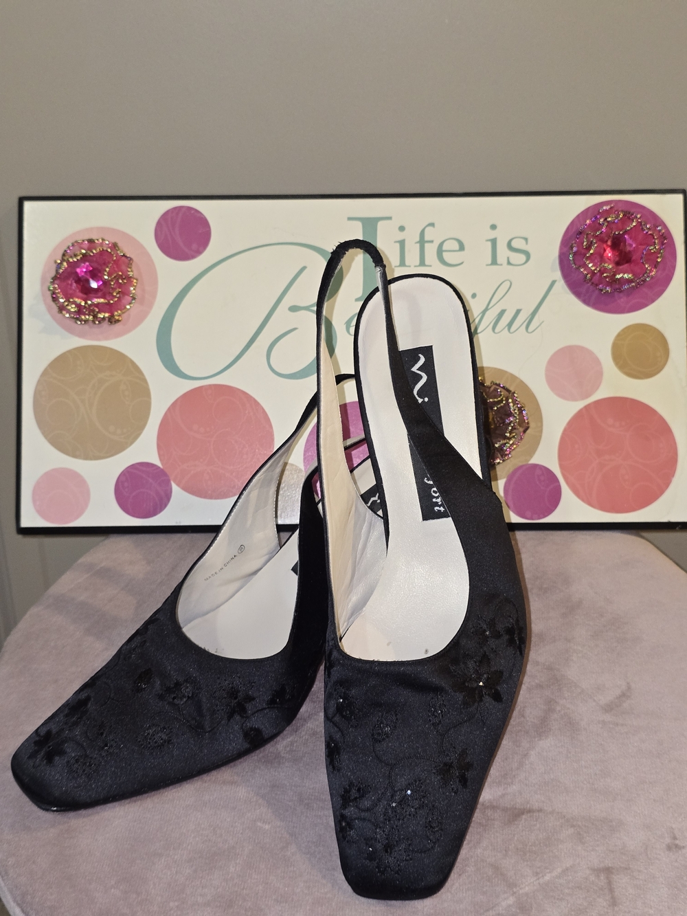 Nina Black Embroidered Slingback Mules